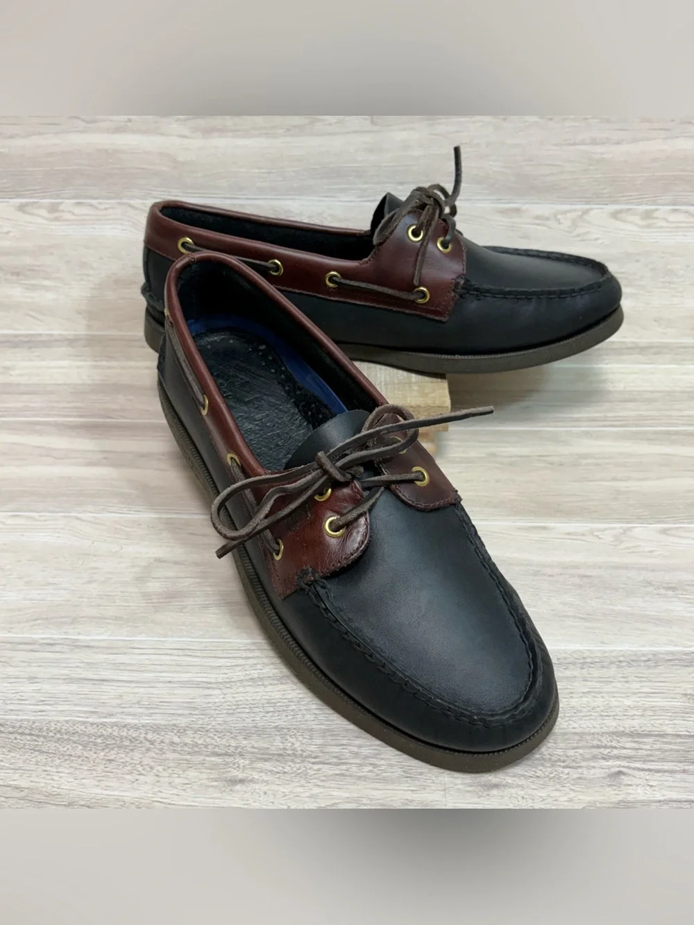 Sperry Men’s Top Sider Black and Brown Leather Boat Shoes Size 10W